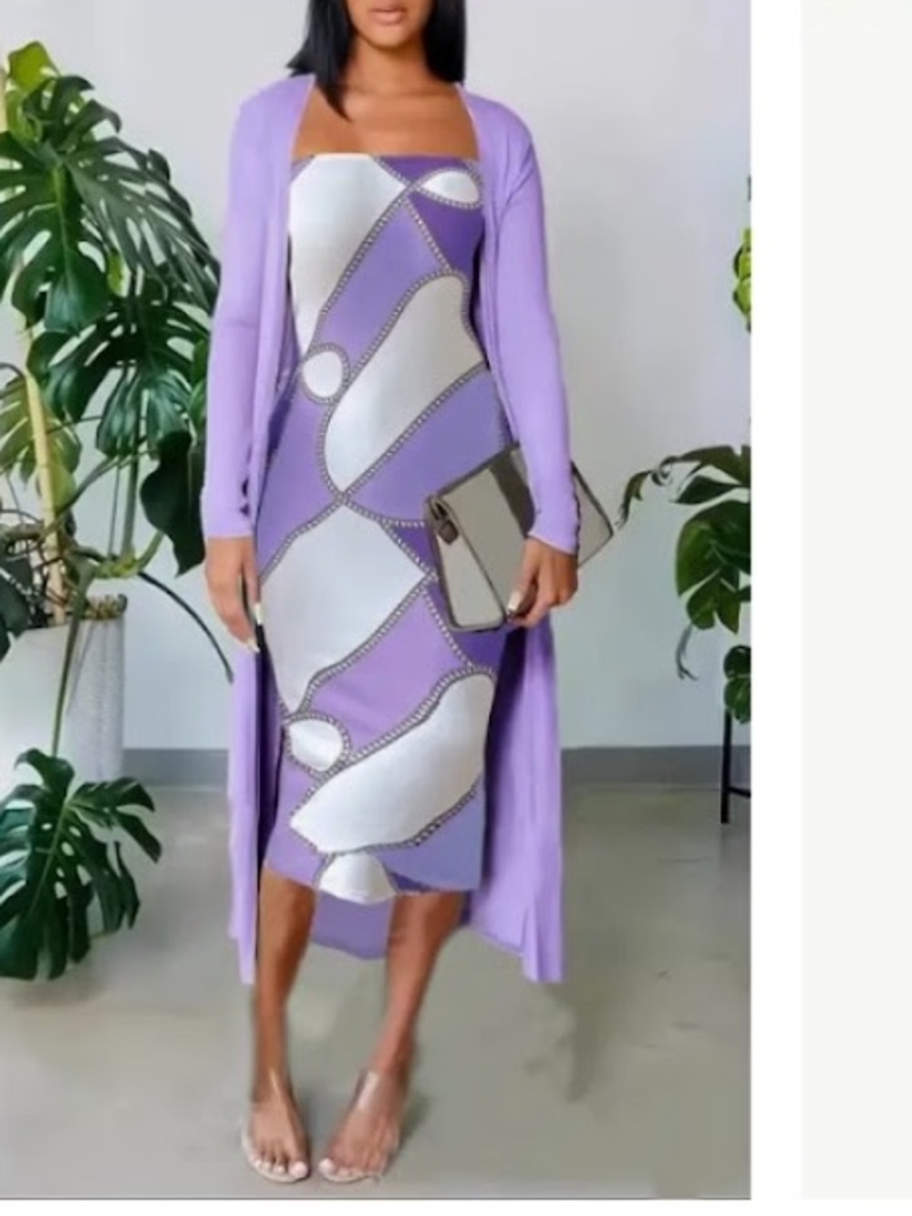 Lavender Patterned Dress with Cardigan